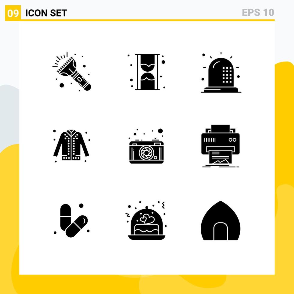 Modern Set of 9 Solid Glyphs Pictograph of camera shopping disease fashion jacket Editable Vector Design Elements