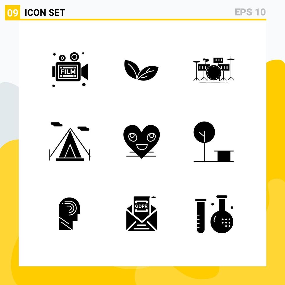 Solid Glyph Pack of 9 Universal Symbols of heart camping spring beach tent kit Editable Vector Design Elements