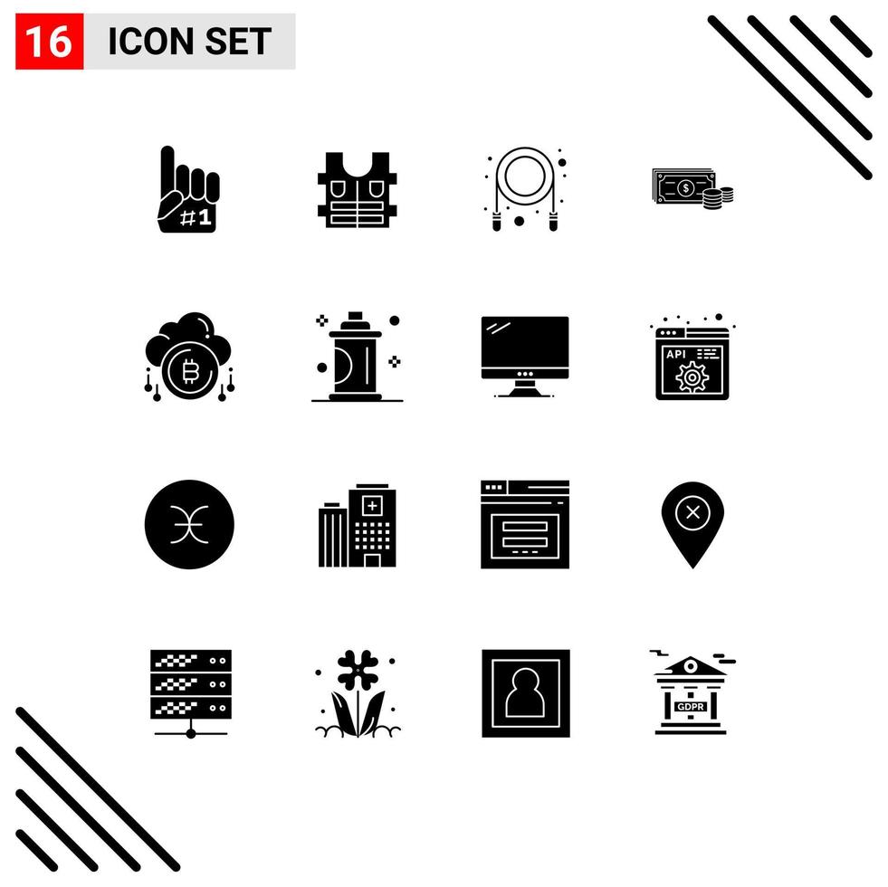 Set of 16 Vector Solid Glyphs on Grid for bit cloud rope business finance Editable Vector Design Elements