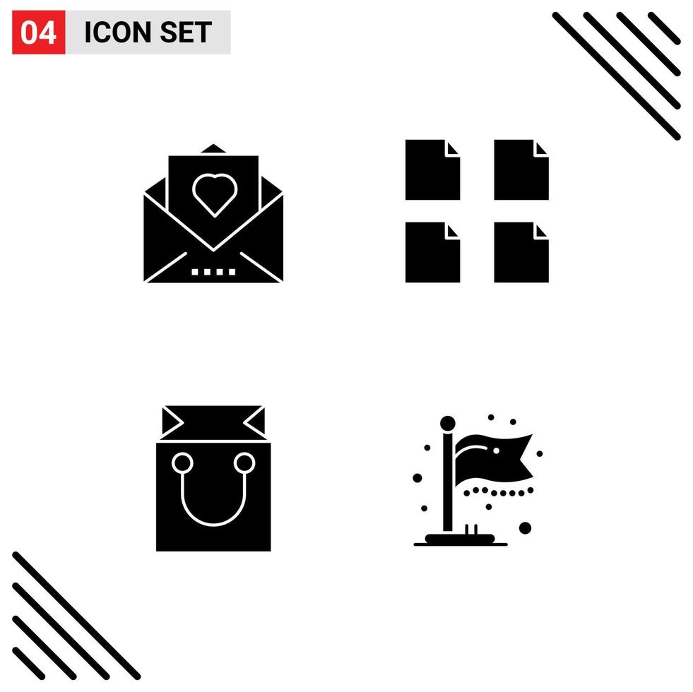 4 User Interface Solid Glyph Pack of modern Signs and Symbols of heart cart mail files shopping Editable Vector Design Elements