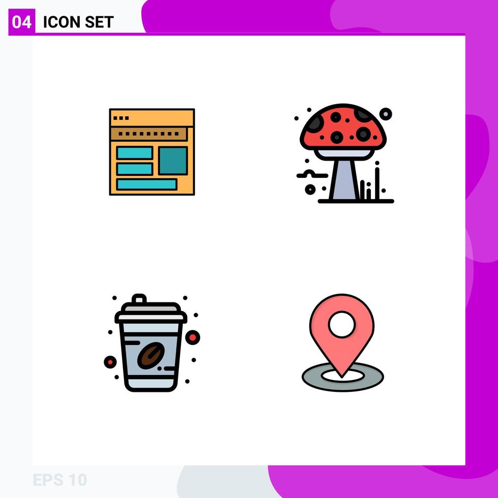 4 User Interface Filledline Flat Color Pack of modern Signs and Symbols of website mushroom corporate webpage coffee Editable Vector Design Elements