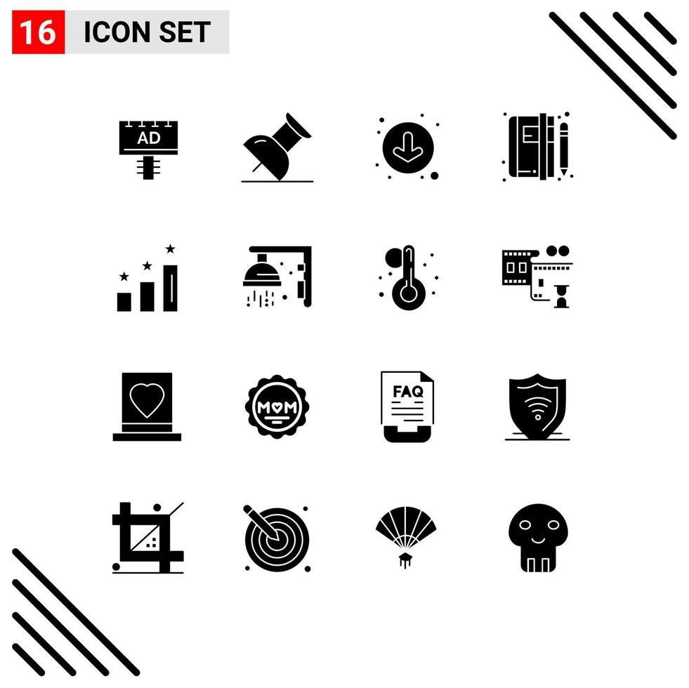16 Universal Solid Glyphs Set for Web and Mobile Applications positions analysis down achievements blog Editable Vector Design Elements