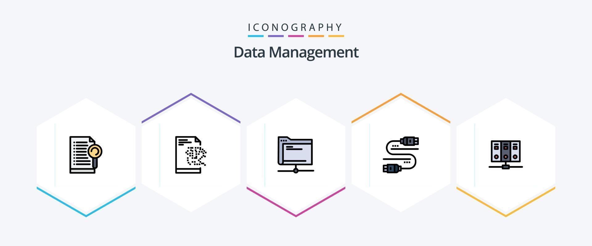 Data Management 25 FilledLine icon pack including mainframe. share. database. server. cable vector