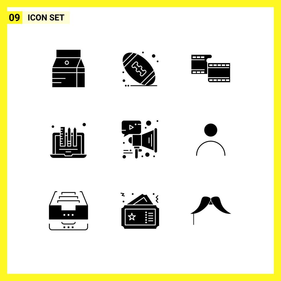Group of 9 Modern Solid Glyphs Set for marketing pencil filam laptop device Editable Vector Design Elements