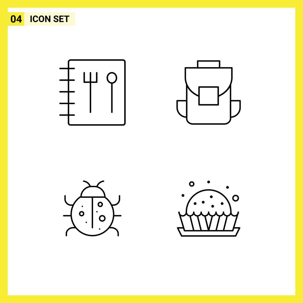 Set of 4 Modern UI Icons Symbols Signs for book nature multimedia cute dessert Editable Vector Design Elements