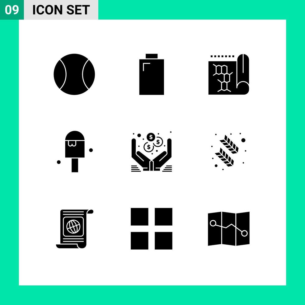 Group of 9 Modern Solid Glyphs Set for online hands report dollar ice cream Editable Vector Design Elements