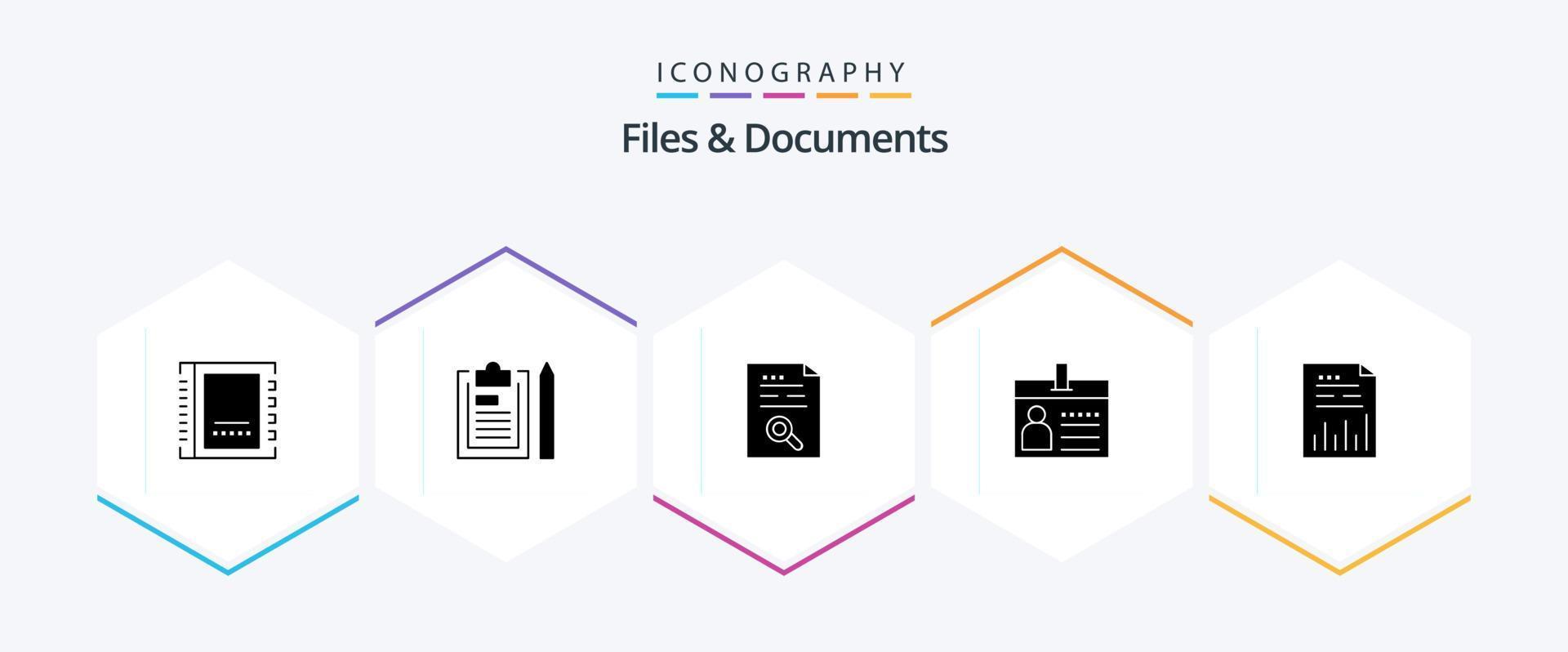 Files And Documents 25 Glyph icon pack including document. badge. notepad. find. document vector