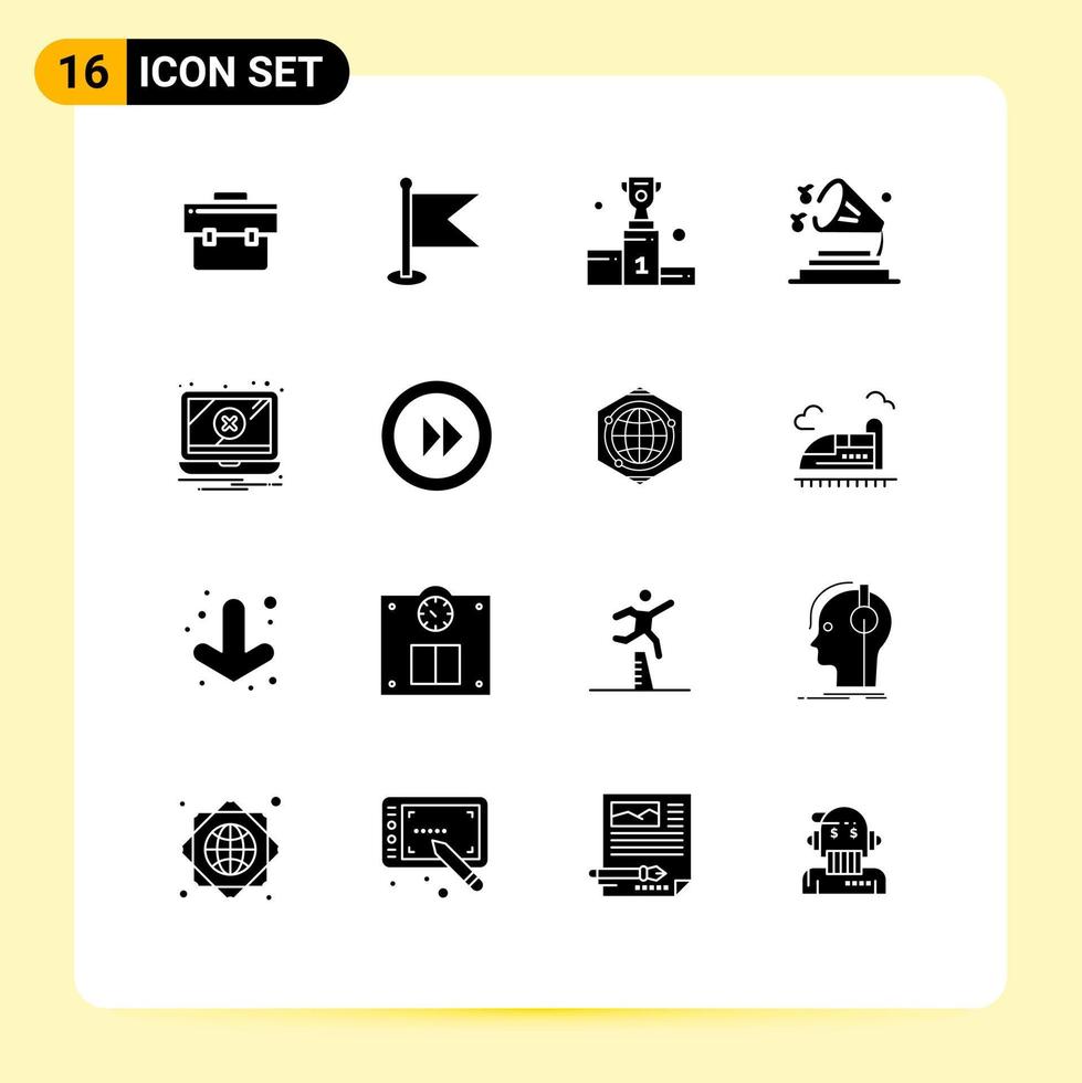 Group of 16 Solid Glyphs Signs and Symbols for error speaker award sound business Editable Vector Design Elements