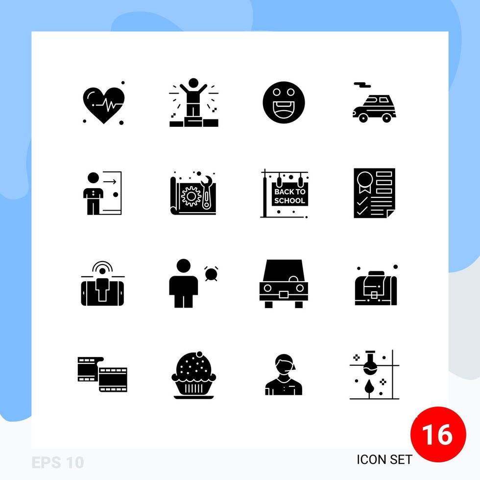 Editable Vector Line Pack of 16 Simple Solid Glyphs of layoff exit motivation employee vehicle Editable Vector Design Elements