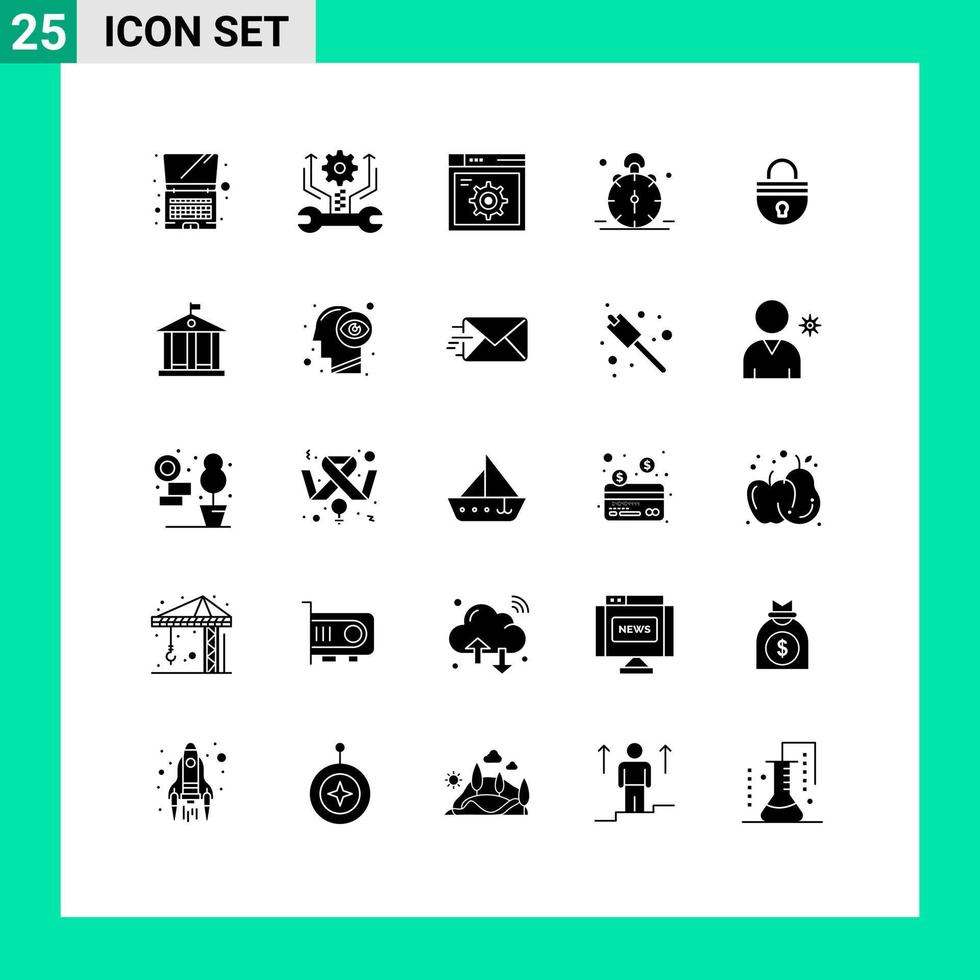25 Solid Glyph concept for Websites Mobile and Apps secure alert setting bell clock Editable Vector Design Elements