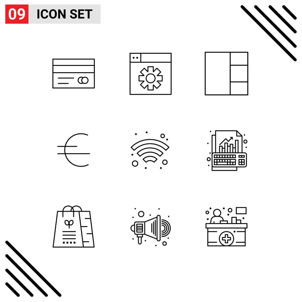 Modern Set of 9 Outlines Pictograph of graph analysis layout wireless technology Editable Vector Design Elements
