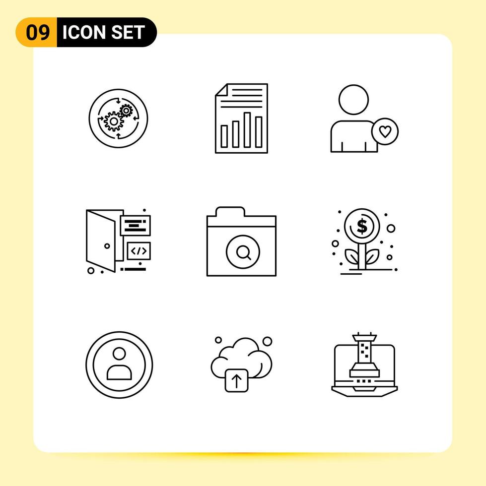 Modern Set of 9 Outlines Pictograph of search development report coding heart Editable Vector Design Elements