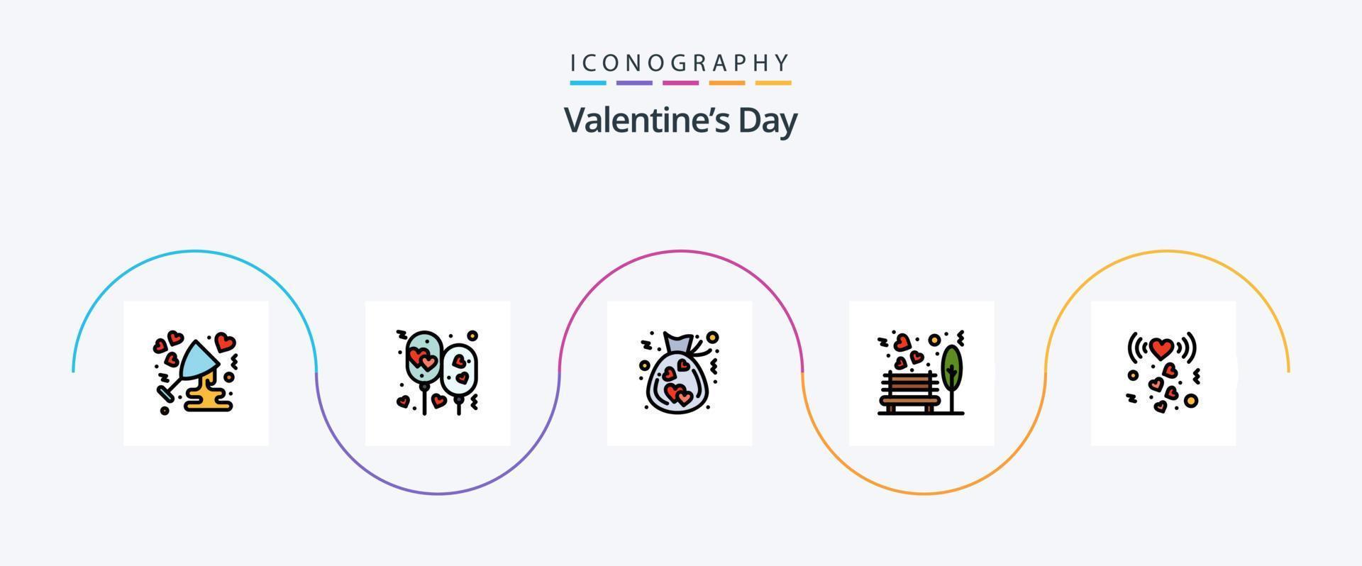 Valentines Day Line Filled Flat 5 Icon Pack Including park. love. party. bench. donation vector