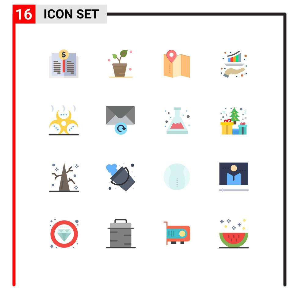 Pictogram Set of 16 Simple Flat Colors of contamination report location marketing graph Editable Pack of Creative Vector Design Elements