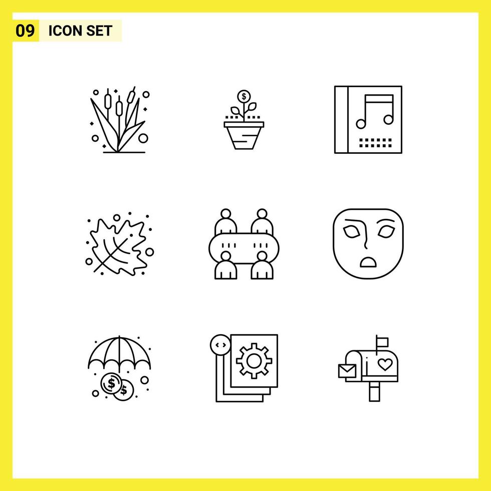 9 User Interface Outline Pack of modern Signs and Symbols of leaf music finance media raise Editable Vector Design Elements