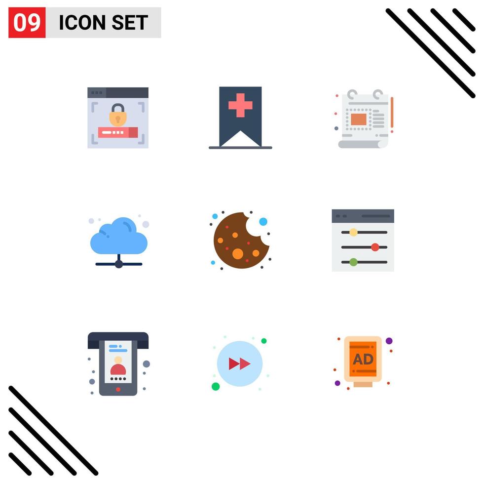 User Interface Pack of 9 Basic Flat Colors of communication cookie document bite share Editable Vector Design Elements