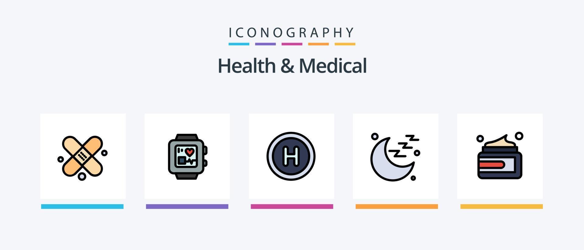 salud y médico línea lleno 5 5 icono paquete incluso . Luna. ducha botella. médico. reloj de mano. creativo íconos diseño vector