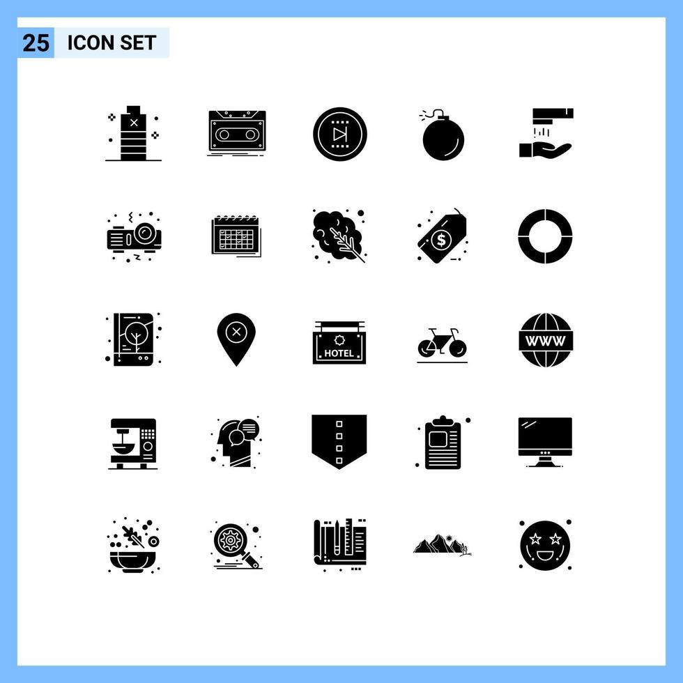 Universal Icon Symbols Group of 25 Modern Solid Glyphs of hand wash explosive tape bomb online Editable Vector Design Elements