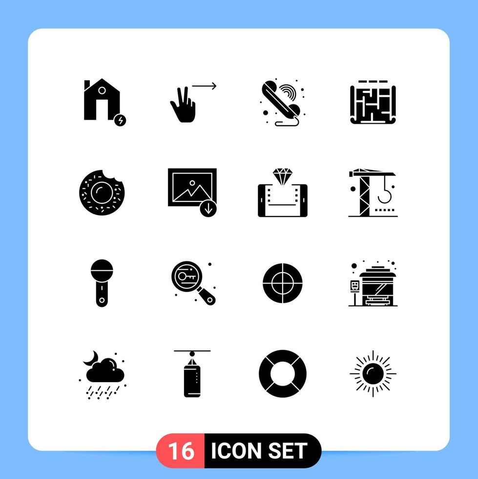 Mobile Interface Solid Glyph Set of 16 Pictograms of food estate call building architecture Editable Vector Design Elements