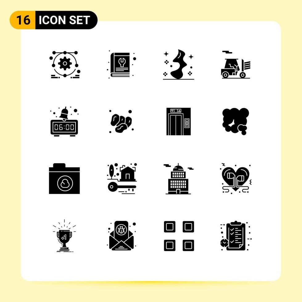 Modern Set of 16 Solid Glyphs Pictograph of morning alarm magic transport forklift Editable Vector Design Elements