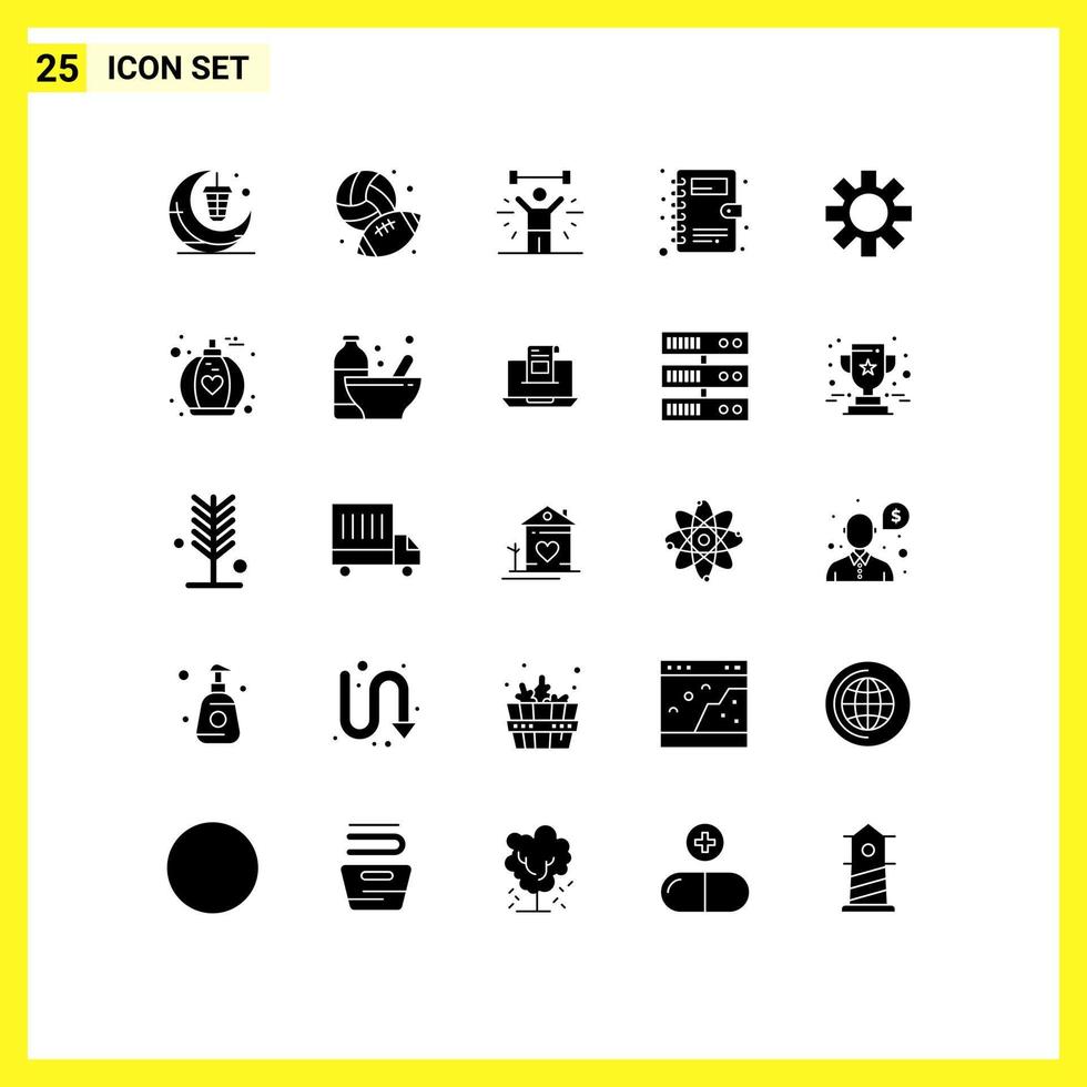 Pictogram Set of 25 Simple Solid Glyphs of setting contacts hobby book weight Editable Vector Design Elements