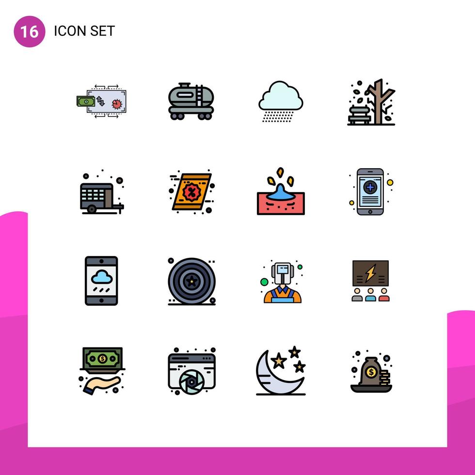 User Interface Pack of 16 Basic Flat Color Filled Lines of camp tree sky rain plant autumn Editable Creative Vector Design Elements