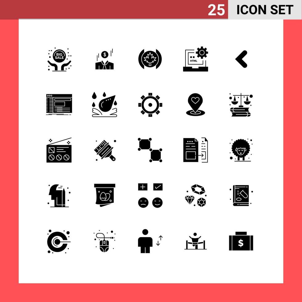 Pictogram Set of 25 Simple Solid Glyphs of back html flag development coding Editable Vector Design Elements