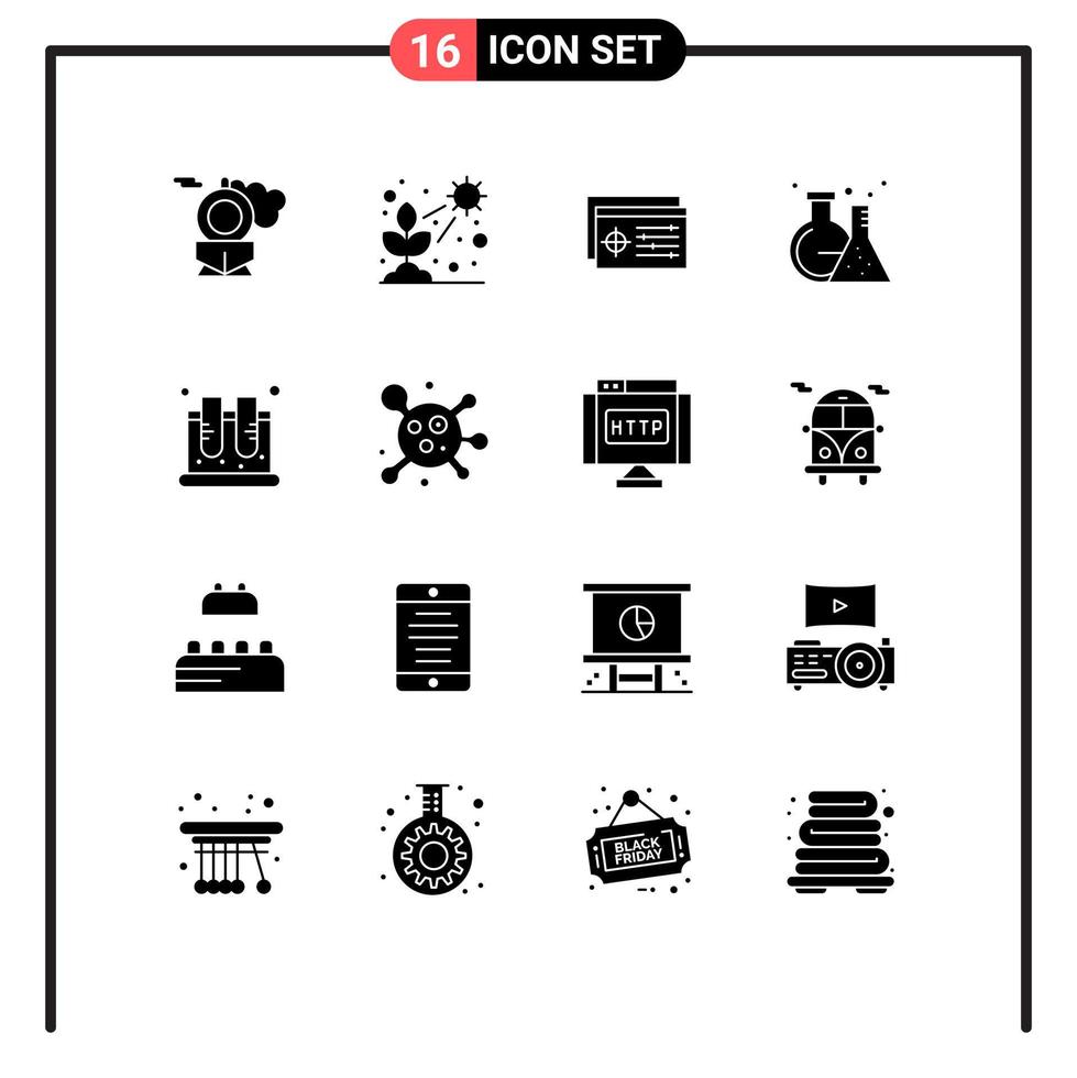 Pack of 16 Modern Solid Glyphs Signs and Symbols for Web Print Media such as jar test setting tube flask Editable Vector Design Elements