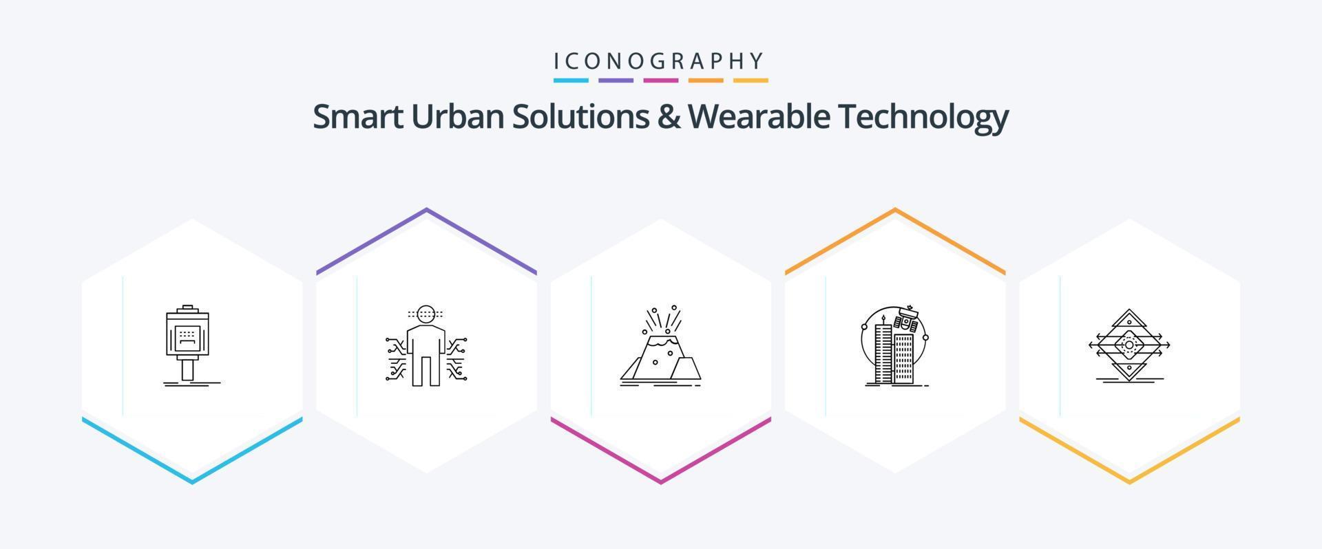 Smart Urban Solutions And Wearable Technology 25 Line icon pack including technology. building. human. safety. volcano vector