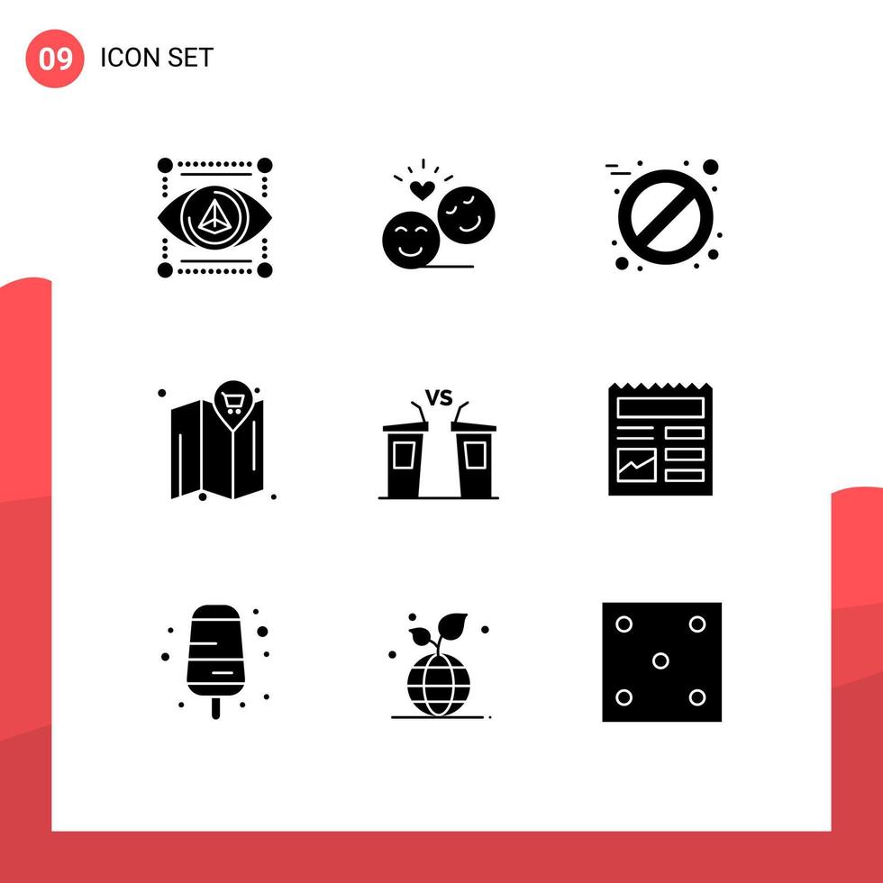 Editable Vector Line Pack of 9 Simple Solid Glyphs of election debate valentine cart map Editable Vector Design Elements