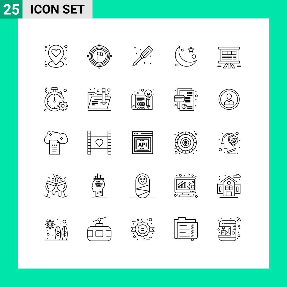 Set of 25 Modern UI Icons Symbols Signs for analytics muslim mechanical moon crescent Editable Vector Design Elements