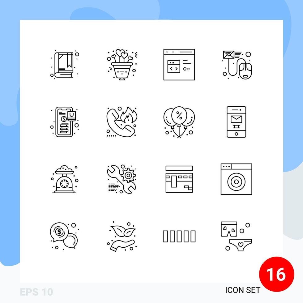 Group of 16 Modern Outlines Set for banking letter code file data Editable Vector Design Elements