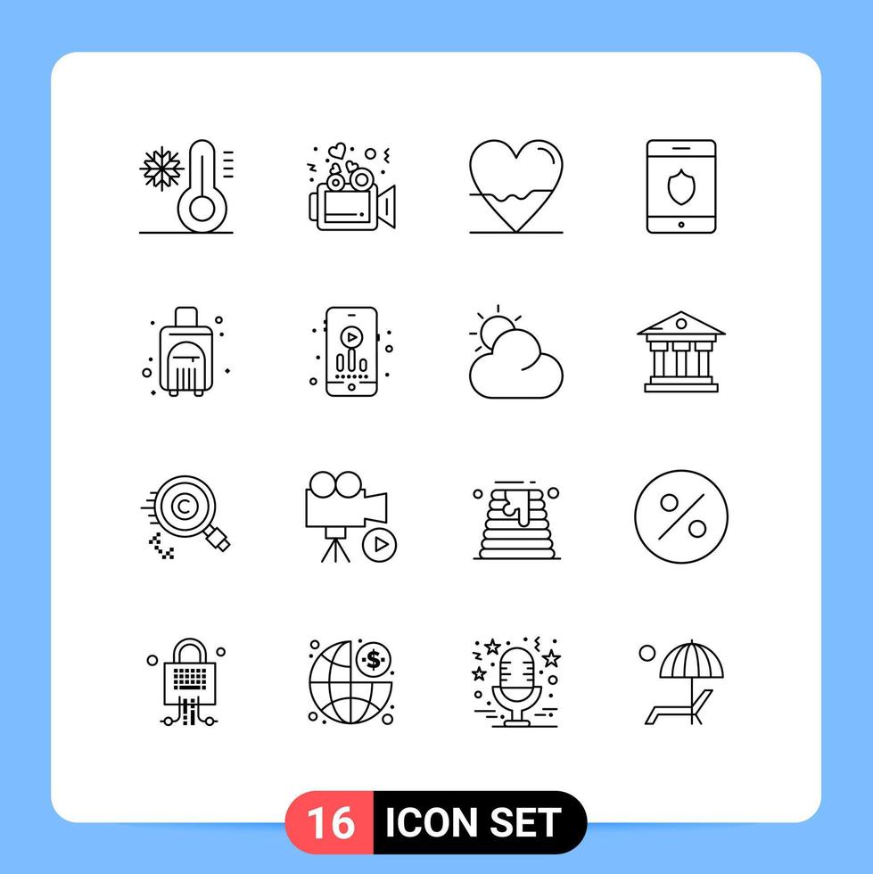 Modern Set of 16 Outlines Pictograph of summer smartphone beat shield science Editable Vector Design Elements