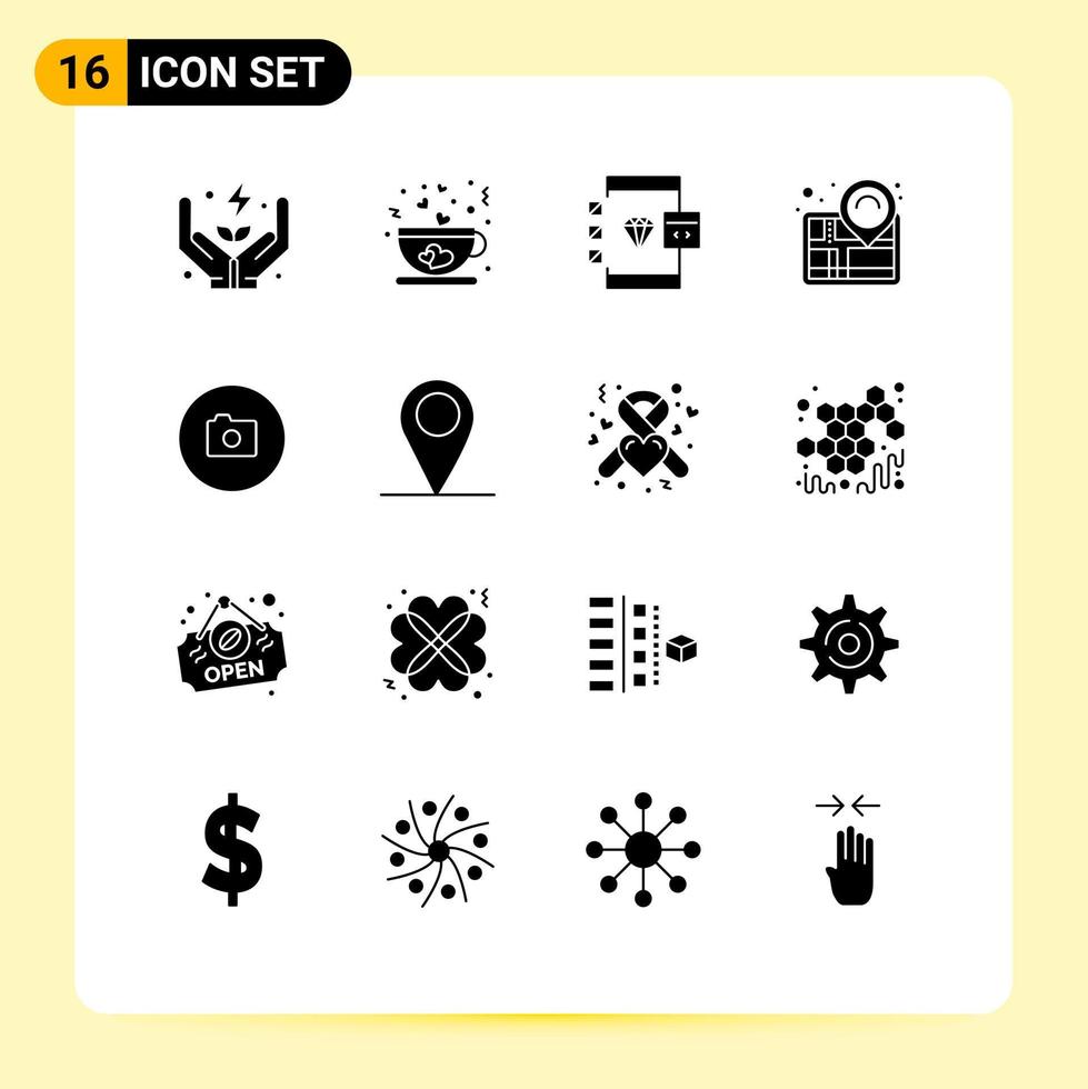 16 Universal Solid Glyph Signs Symbols of camera pin app navigation development Editable Vector Design Elements