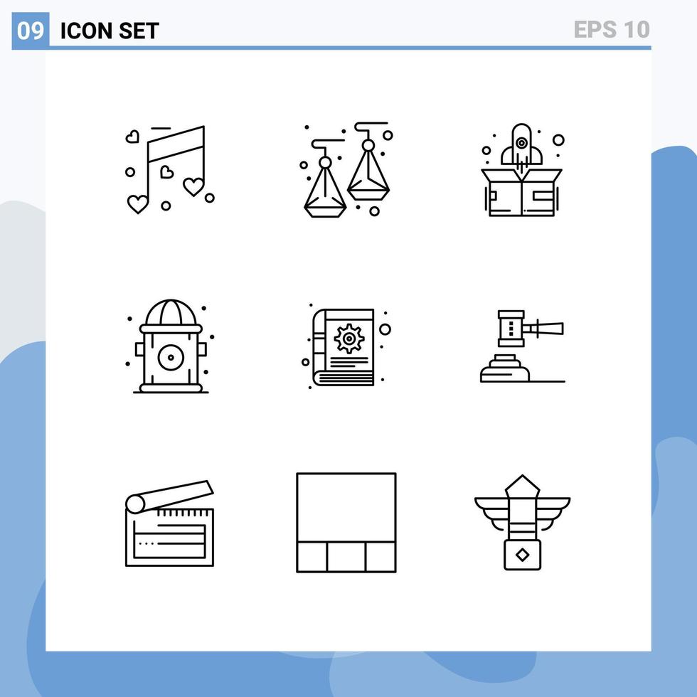 Mobile Interface Outline Set of 9 Pictograms of law gear start content hydrant Editable Vector Design Elements