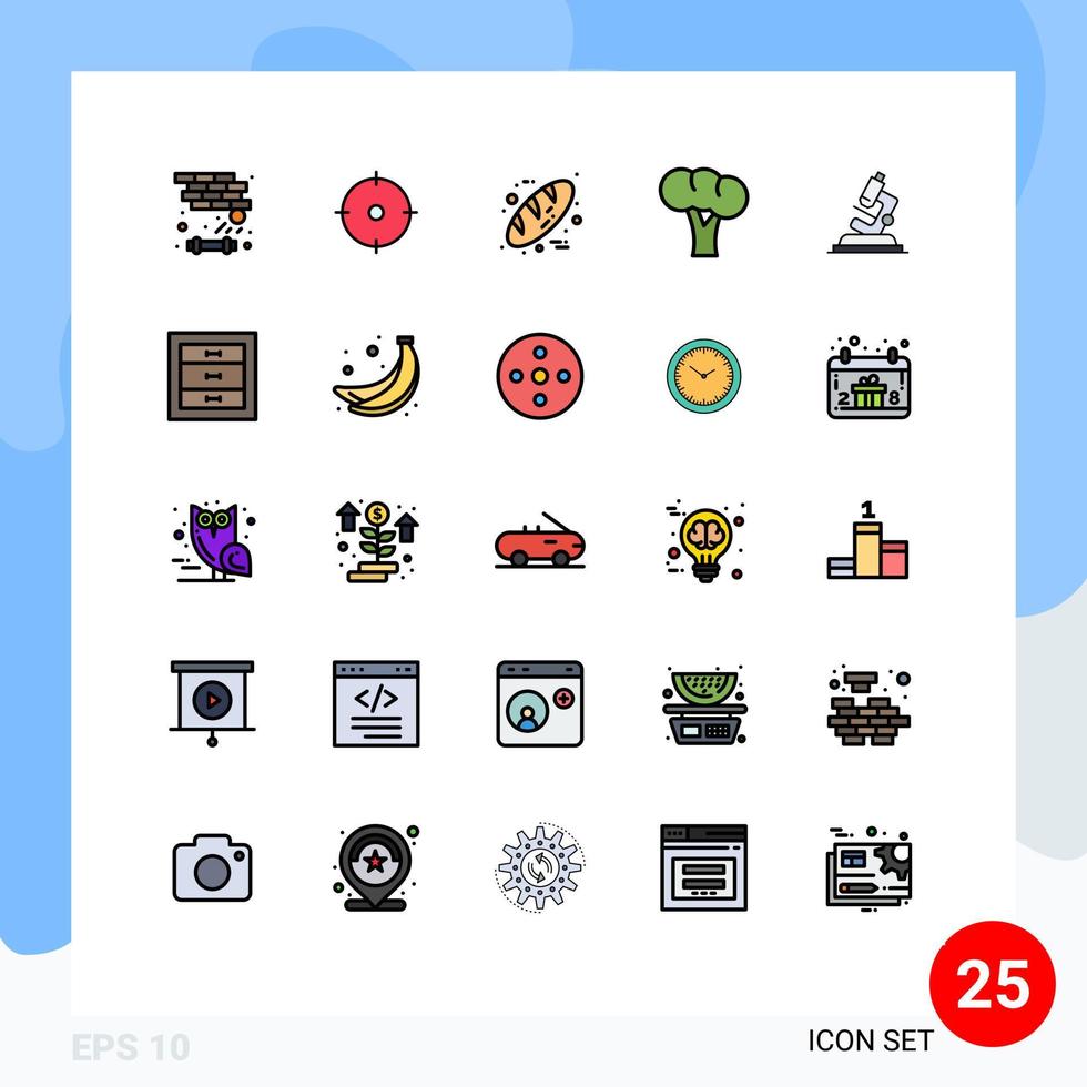 25 Universal Filled line Flat Color Signs Symbols of microsope vegetables baking organic broccoli Editable Vector Design Elements