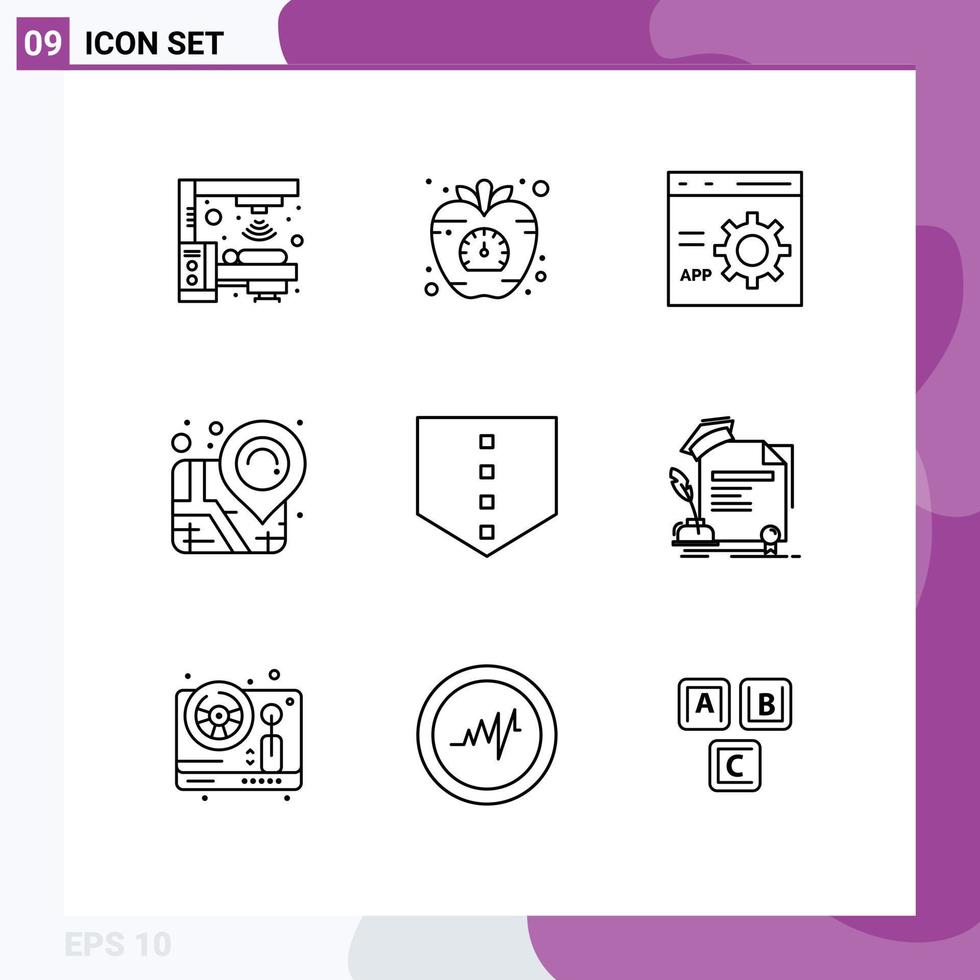 Pack of 9 Modern Outlines Signs and Symbols for Web Print Media such as protect map time location development Editable Vector Design Elements