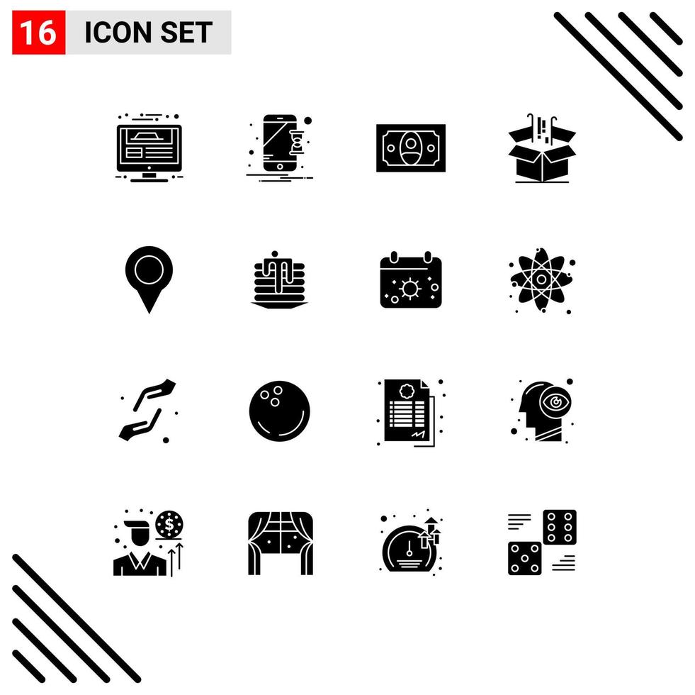 Group of 16 Solid Glyphs Signs and Symbols for location goods notification finance box Editable Vector Design Elements