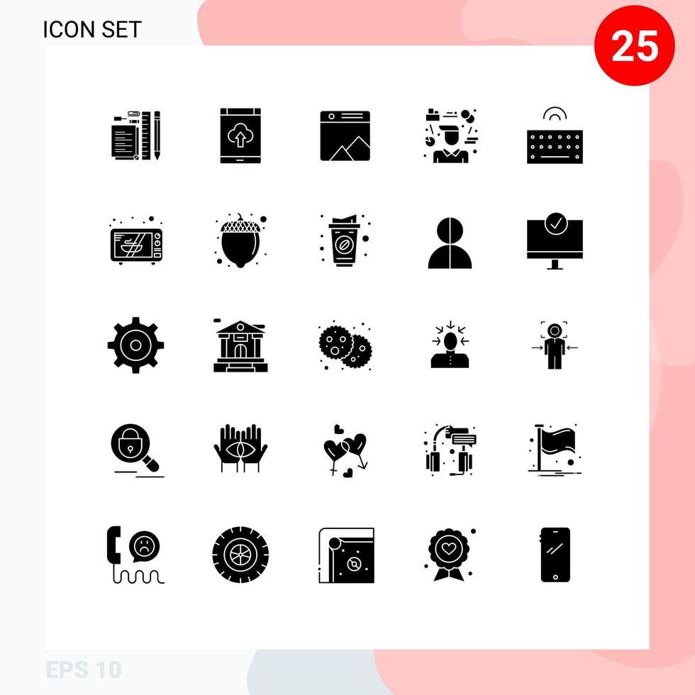 Set of 25 Commercial Solid Glyphs pack for consultant person storage manager gallery Editable Vector Design Elements