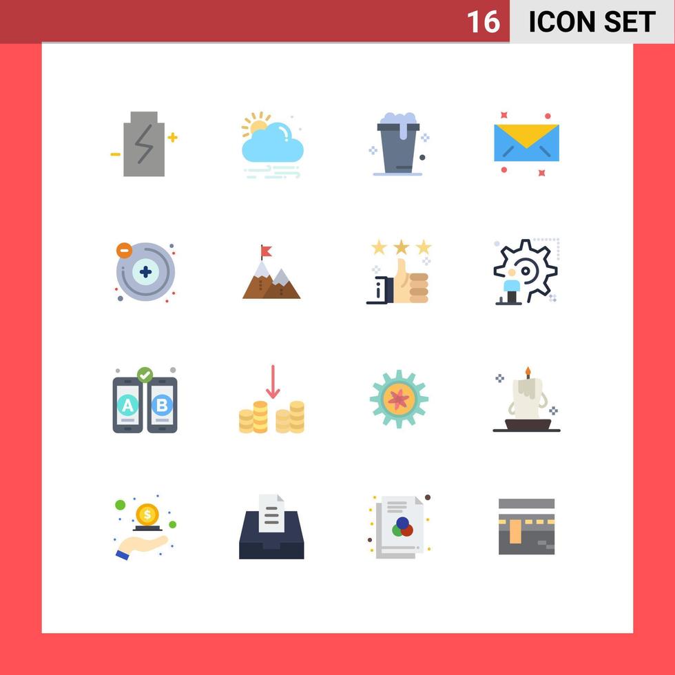 Pack of 16 Modern Flat Colors Signs and Symbols for Web Print Media such as molecule atoms glass email message Editable Pack of Creative Vector Design Elements