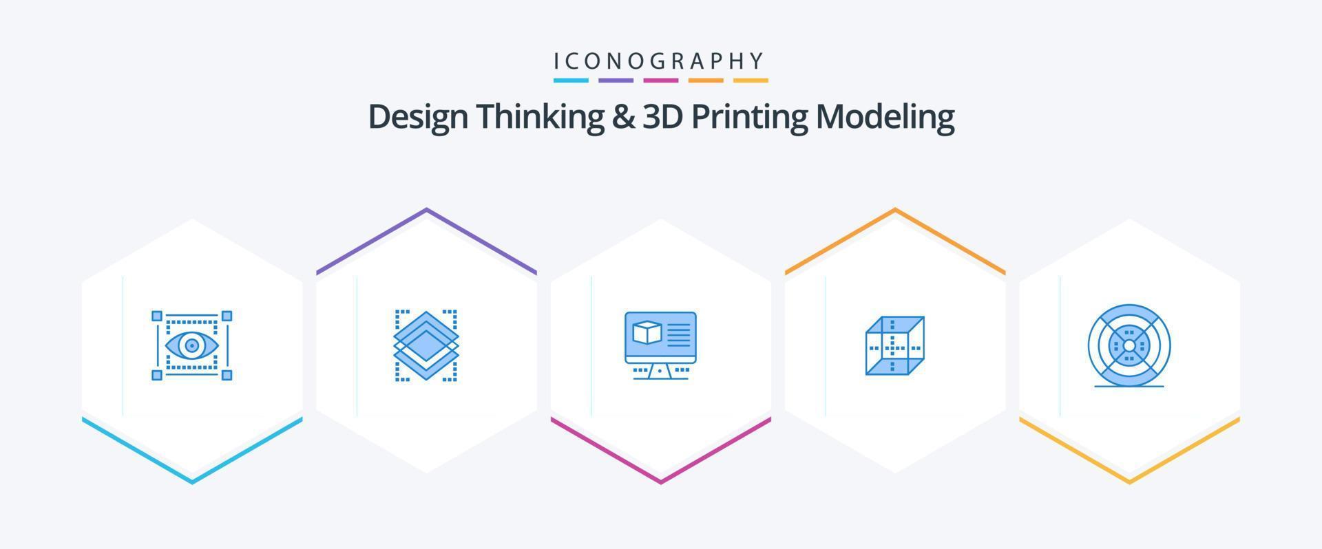 Design Thinking And D Printing Modeling 25 Blue icon pack including filament. shepping. computer. computing. box vector