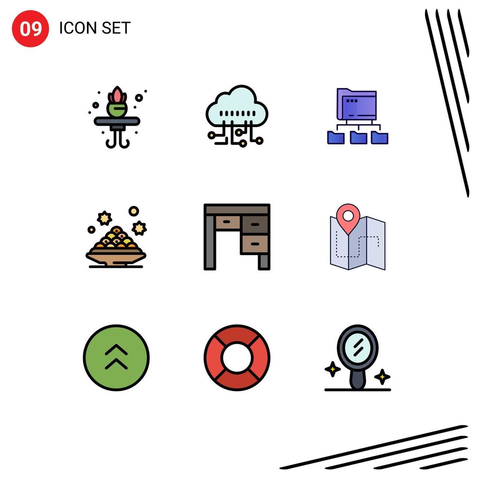 User Interface Pack of 9 Basic Filledline Flat Colors of furniture decor network dish plate Editable Vector Design Elements