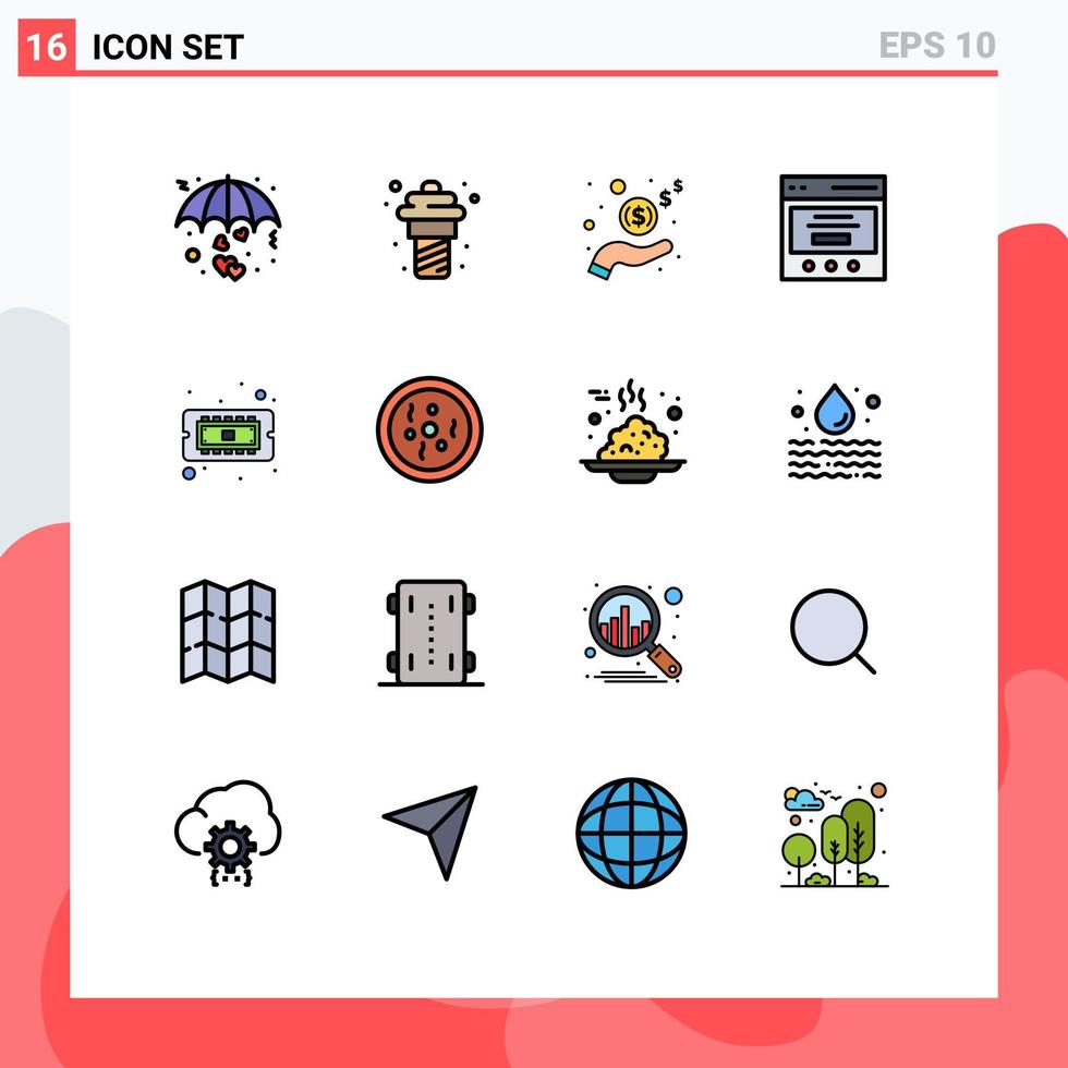 móvil interfaz plano color lleno línea conjunto de dieciséis pictogramas de chip control deslizante comida interfaz efectivo editable creativo vector diseño elementos