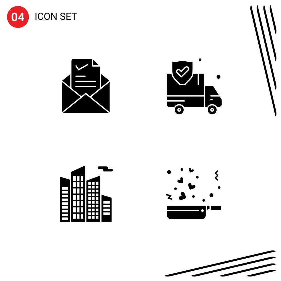 Group of 4 Modern Solid Glyphs Set for mail building tick protection skyscraper Editable Vector Design Elements