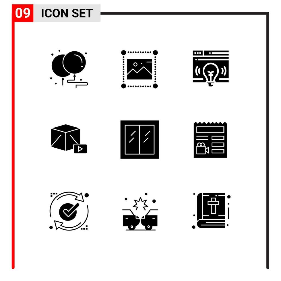 Set of 9 Commercial Solid Glyphs pack for glass play image media bulb Editable Vector Design Elements