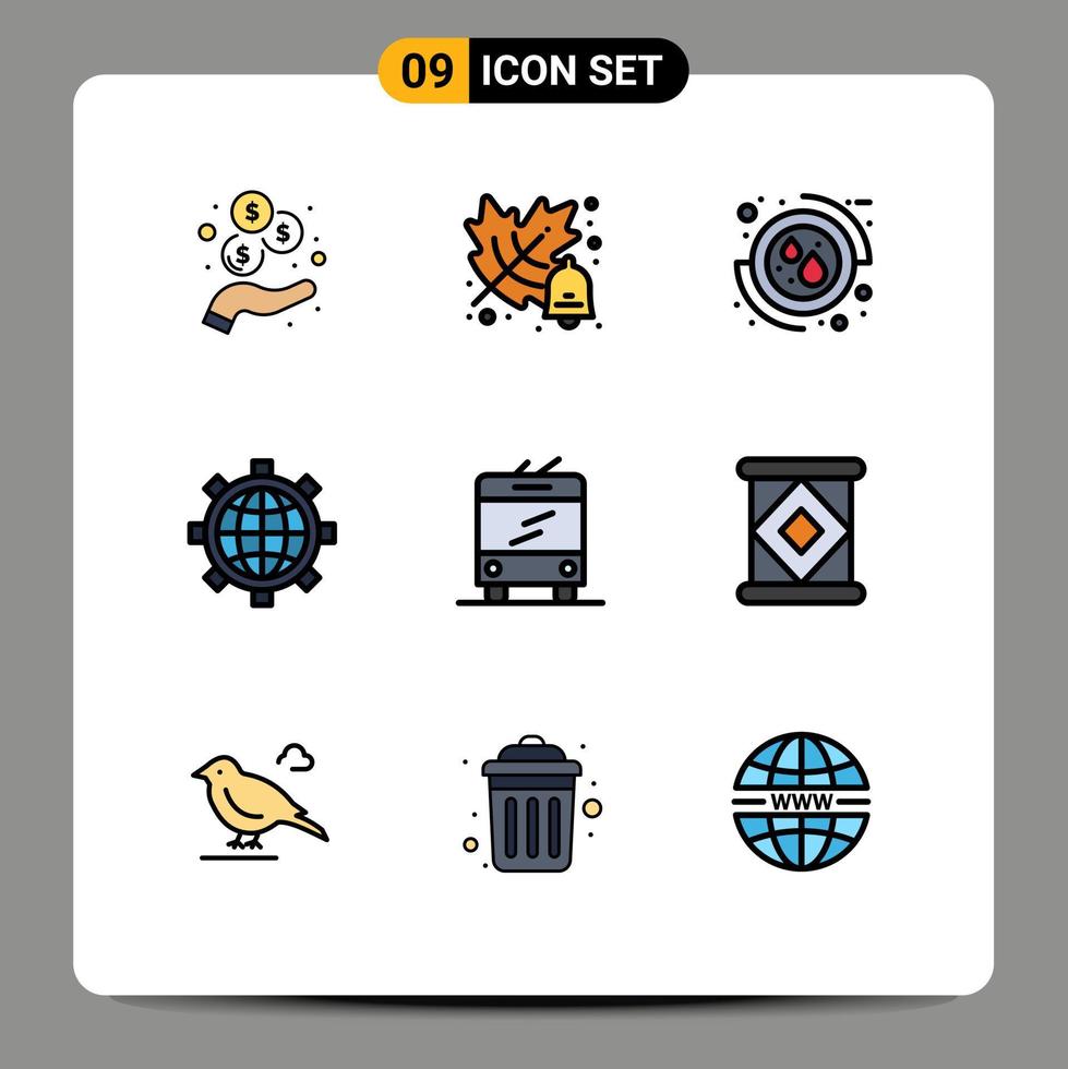 Pack of 9 creative Filledline Flat Colors of canned trolley medical bus preference Editable Vector Design Elements