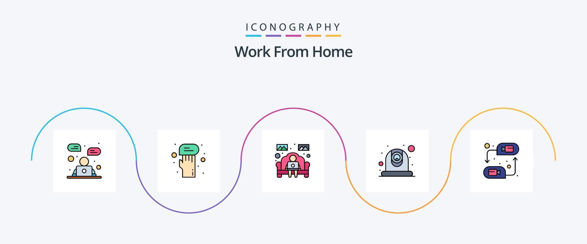 Work From Home Line Filled Flat 5 Icon Pack Including communication. video. chat. camera. worker vector
