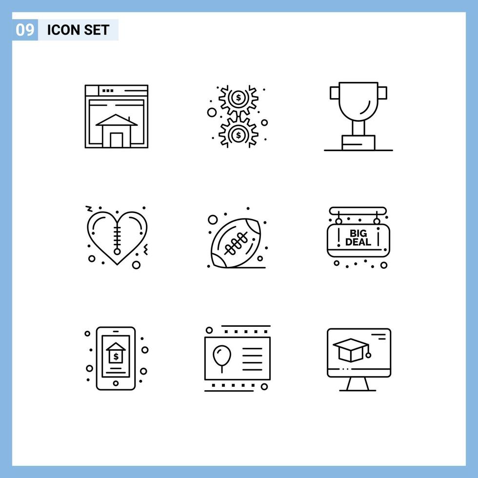 Group of 9 Outlines Signs and Symbols for sport american money zipper heart Editable Vector Design Elements