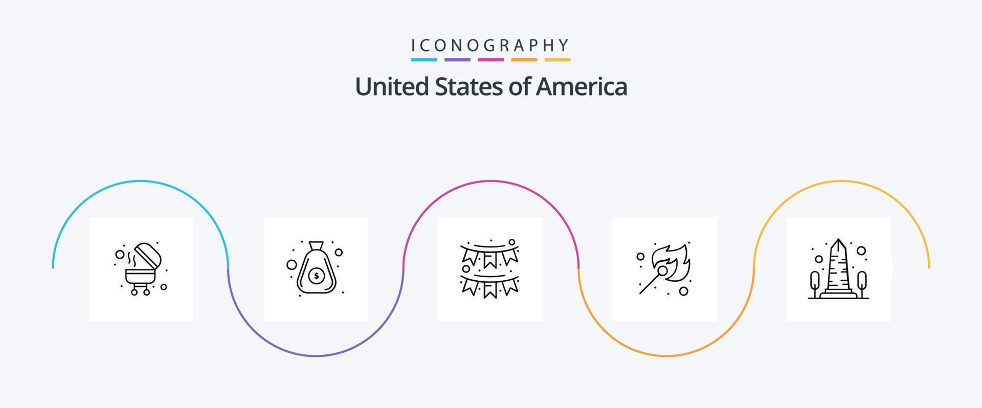 Usa Line 5 Icon Pack Including monument. outdoor. buntings. match. camping vector