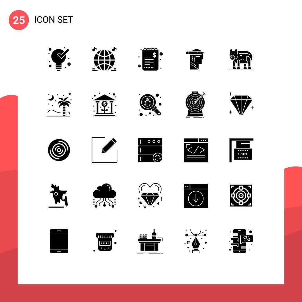 Modern Set of 25 Solid Glyphs Pictograph of polar animal list write mind Editable Vector Design Elements